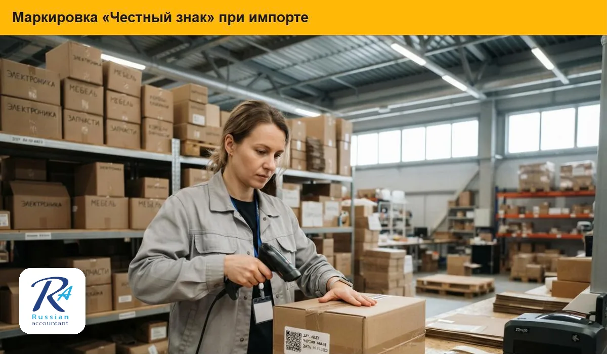 Сотрудница склада сканирует код маркировки «Честный знак» на коробке с товаром из Китая