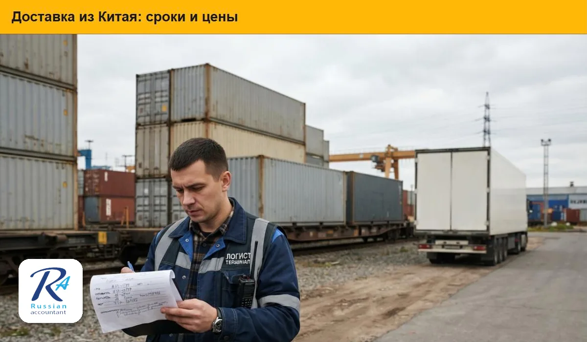 Логист с документами на терминале рядом с контейнерами и железнодорожной платформой