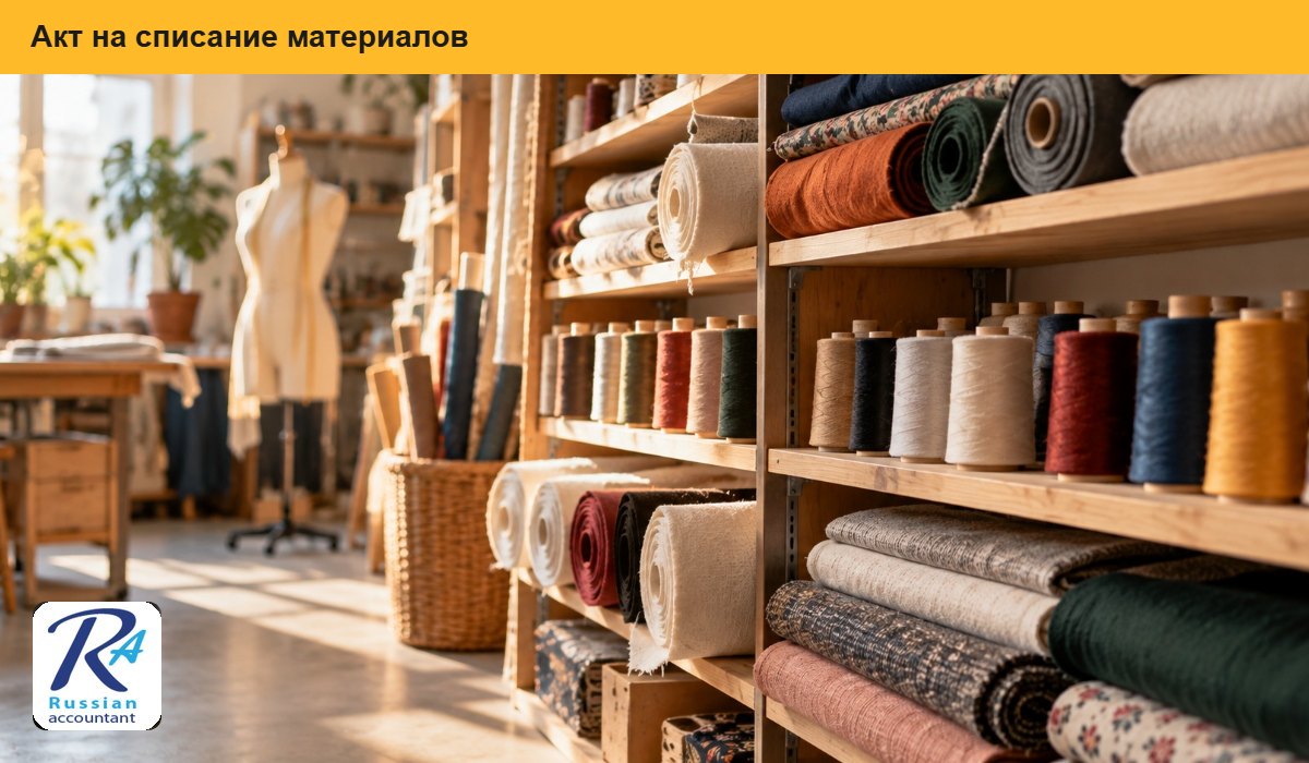 Рулоны ткани и катушки ниток на полках швейной мастерской