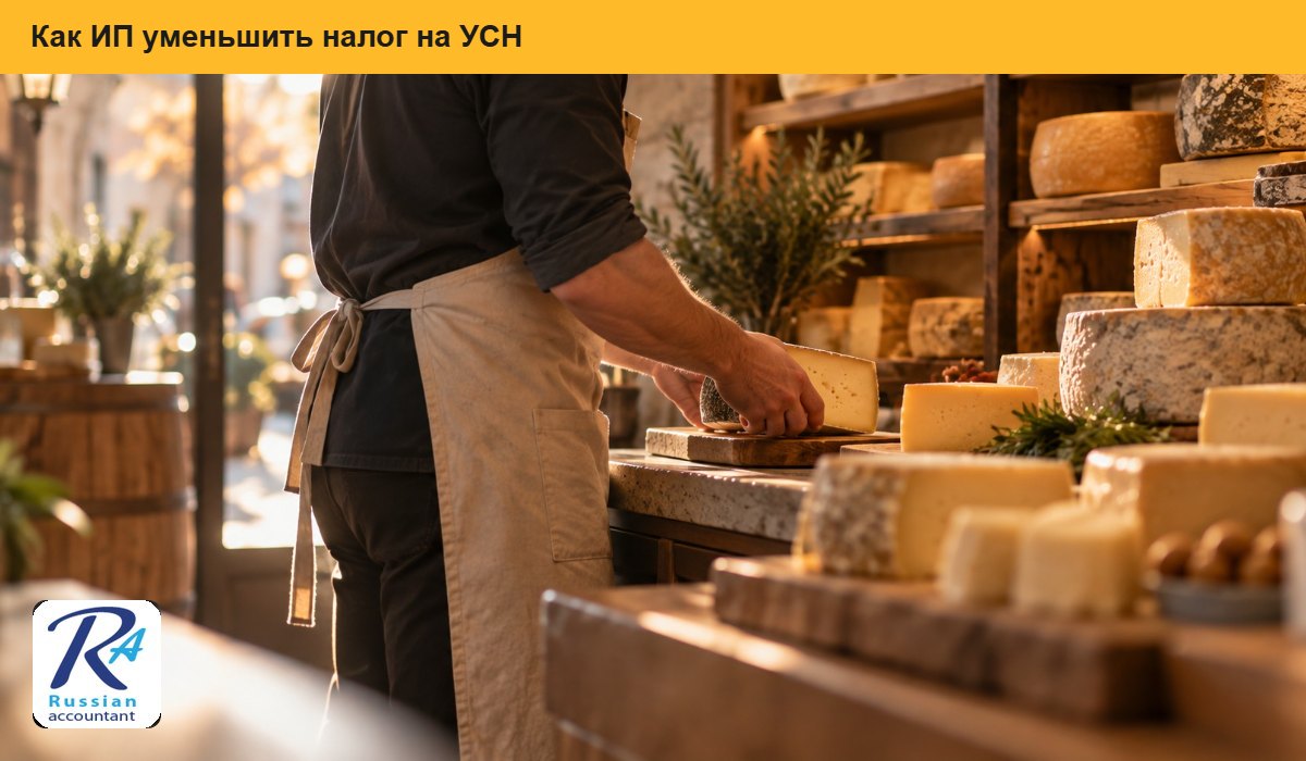 Предприниматель в фартуке у прилавка своей сырной лавки
