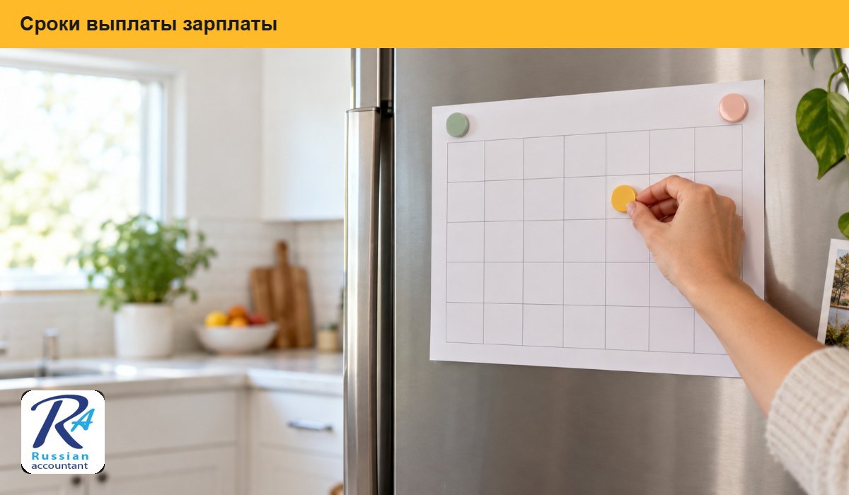 Календарь на холодильнике в светлой кухне с отмеченными датами